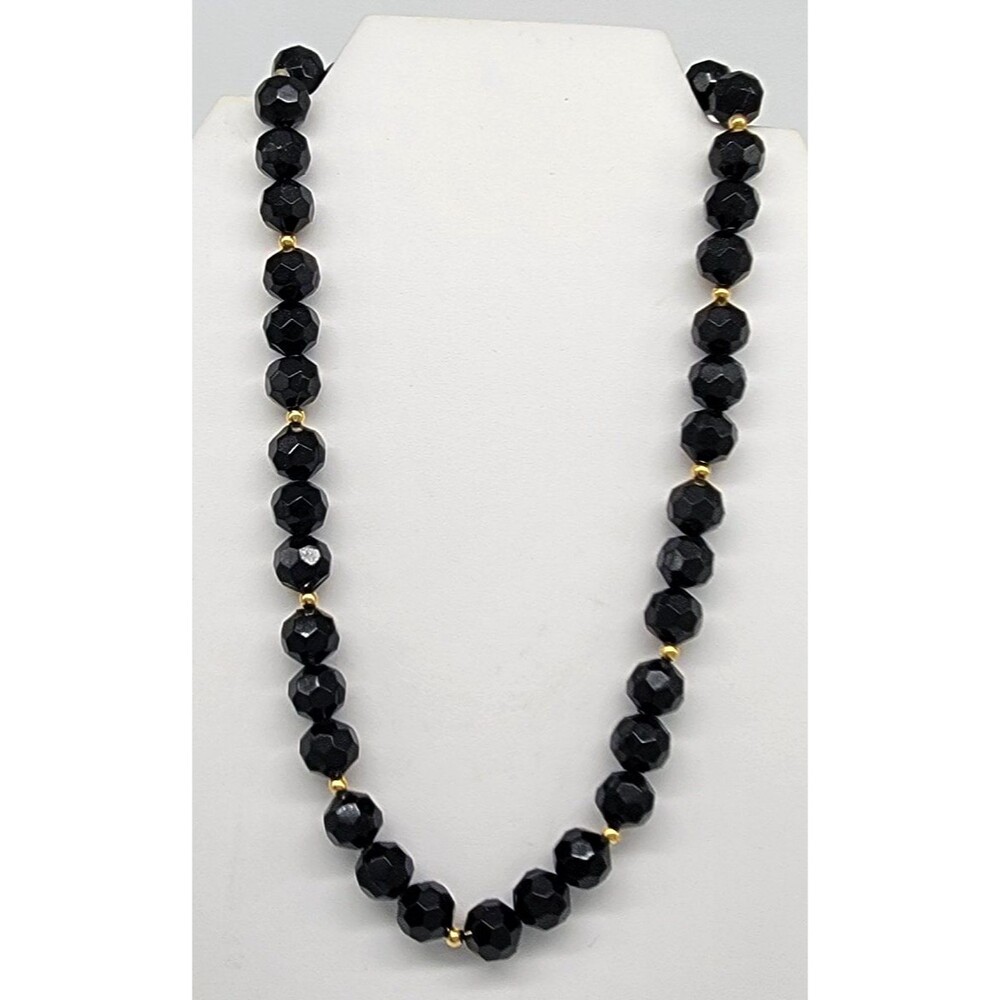 Black Faceted Acrylic Lucite Beaded Choker Necklace Gold Tone 18.5" Vintage
